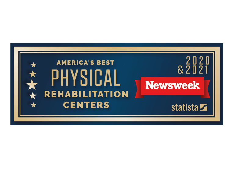 Newsweek blue and red logo for best physical rehabilitation centers.