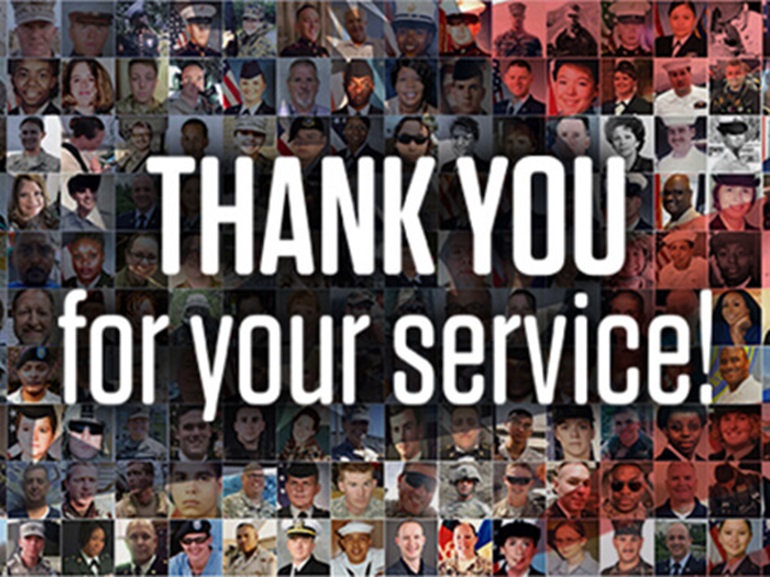 A "Thank You for Your Service" message on top of a collage of photos of Select Medical employees who are veterans.